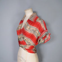 Load image into Gallery viewer, 40s 50s LIGHT RED PURE SILK NOVELTY CAPRI FOLK PRINT TIE BOLERO / BLOUSE - S