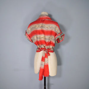 40s 50s LIGHT RED PURE SILK NOVELTY CAPRI FOLK PRINT TIE BOLERO / BLOUSE - S