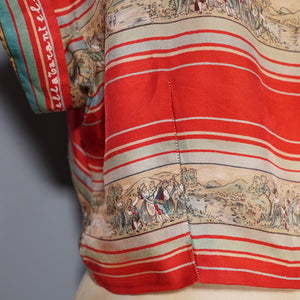 40s 50s LIGHT RED PURE SILK NOVELTY CAPRI FOLK PRINT TIE BOLERO / BLOUSE - S