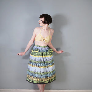 50s GREEN YELLOW AND BLUE TREE / FOREST PRINT SKIRT WITH BIG POCKETS - 29"