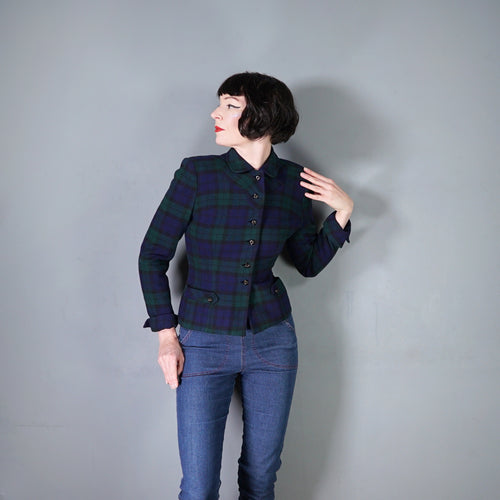 50s JAMESHIRE BLACKWATCH BLUE GREEN TARTAN CHECK FITTED BLAZER JACKET - S
