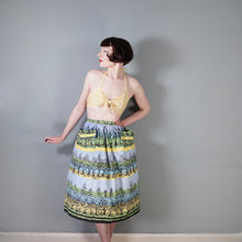 Load image into Gallery viewer, 50s GREEN YELLOW AND BLUE TREE / FOREST PRINT SKIRT WITH BIG POCKETS - 29&quot;