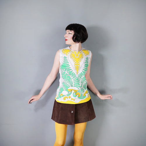 70s TRIPPY YELLOW AND GREEN FERN AND MUSHROOM PRINT TUNIC BLOUSE TOP - S-M