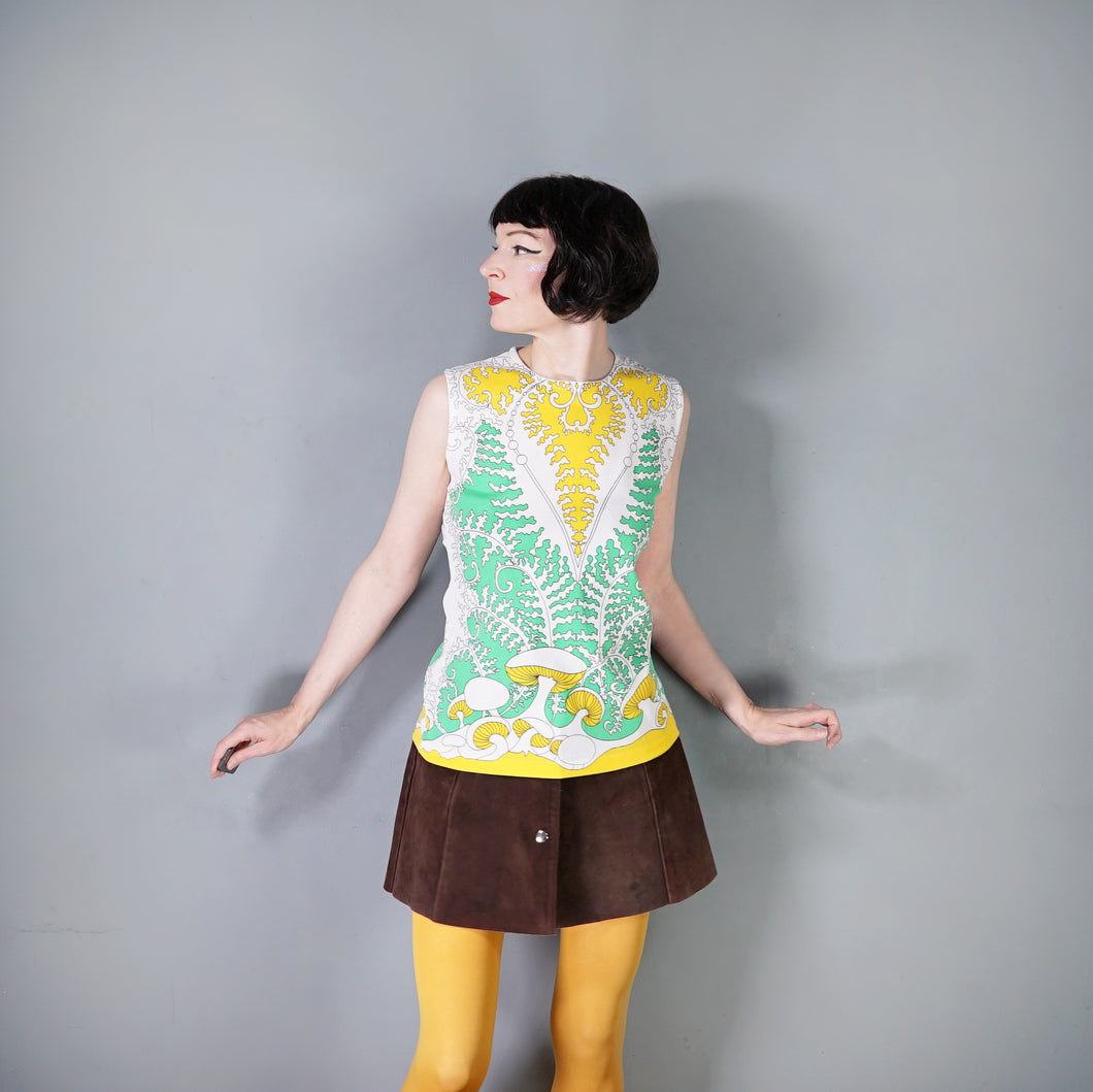 70s TRIPPY YELLOW AND GREEN FERN AND MUSHROOM PRINT TUNIC BLOUSE TOP - S-M