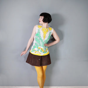 70s TRIPPY YELLOW AND GREEN FERN AND MUSHROOM PRINT TUNIC BLOUSE TOP - S-M