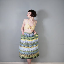 Load image into Gallery viewer, 50s GREEN YELLOW AND BLUE TREE / FOREST PRINT SKIRT WITH BIG POCKETS - 29&quot;