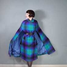 Load image into Gallery viewer, 70s JIMMY HOURIHAN "BORU" PSYCHEDELIC PURPLE GREEN BLUE LONG IRISH WOOL PLAID CAPE COAT - S-M
