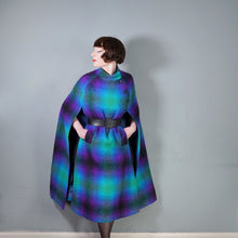 Load image into Gallery viewer, 70s JIMMY HOURIHAN "BORU" PSYCHEDELIC PURPLE GREEN BLUE LONG IRISH WOOL PLAID CAPE COAT - S-M