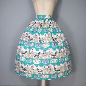 50s GREEN NOVELTY FULL COTTON SKIRT WITH HORSE DRAWN CARRIAGE PRINT - 26"