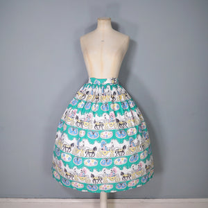 50s GREEN NOVELTY FULL COTTON SKIRT WITH HORSE DRAWN CARRIAGE PRINT - 26"