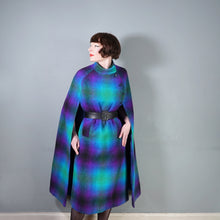 Load image into Gallery viewer, 70s JIMMY HOURIHAN "BORU" PSYCHEDELIC PURPLE GREEN BLUE LONG IRISH WOOL PLAID CAPE COAT - S-M