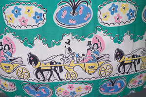 50s GREEN NOVELTY FULL COTTON SKIRT WITH HORSE DRAWN CARRIAGE PRINT - 26"