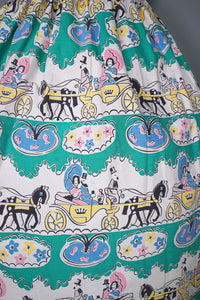 50s GREEN NOVELTY FULL COTTON SKIRT WITH HORSE DRAWN CARRIAGE PRINT - 26"