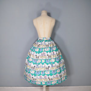 50s GREEN NOVELTY FULL COTTON SKIRT WITH HORSE DRAWN CARRIAGE PRINT - 26"