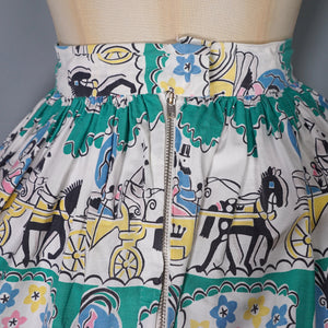 50s GREEN NOVELTY FULL COTTON SKIRT WITH HORSE DRAWN CARRIAGE PRINT - 26"