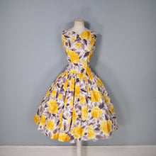 Load image into Gallery viewer, 50s HUGE YELLOW ROSE FULL SKIRTED DAY DRESS - M