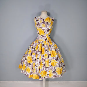 50s HUGE YELLOW ROSE FULL SKIRTED DAY DRESS - M