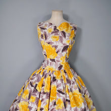 Load image into Gallery viewer, 50s HUGE YELLOW ROSE FULL SKIRTED DAY DRESS - M