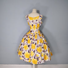 Load image into Gallery viewer, 50s HUGE YELLOW ROSE FULL SKIRTED DAY DRESS - M