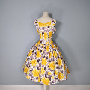 50s HUGE YELLOW ROSE FULL SKIRTED DAY DRESS - M