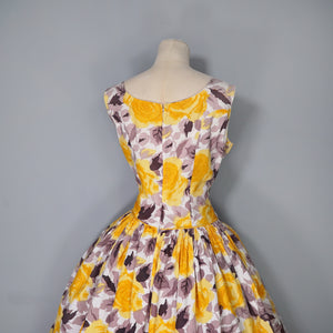50s HUGE YELLOW ROSE FULL SKIRTED DAY DRESS - M