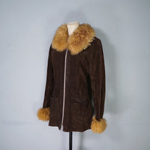 Load image into Gallery viewer, 70s BROWN SUEDE COAT WITH SHEEPSKIN COLLAR AND CUFFS - S-M