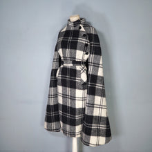 Load image into Gallery viewer, 70s JIMMY HOURIHAN "BORU" BLACK &amp; WHITE LONG WOOL PLAID CAPE COAT WITH BELT