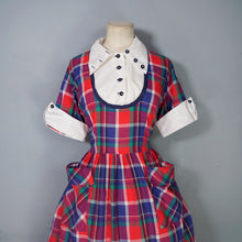 Load image into Gallery viewer, 50s COLOURED BLUE AND RED PLAID DRESS WITH CONTRAST COLLAR AND BIB - M