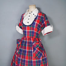 Load image into Gallery viewer, 50s COLOURED BLUE AND RED PLAID DRESS WITH CONTRAST COLLAR AND BIB - M