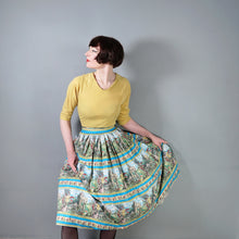 Load image into Gallery viewer, 50s BLUE NOVELTY FULL COTTON SKIRT WITH LANDSCAPE / GARDEN PRINT - 27"