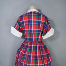 Load image into Gallery viewer, 50s COLOURED BLUE AND RED PLAID DRESS WITH CONTRAST COLLAR AND BIB - M