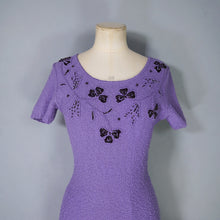 Load image into Gallery viewer, 50s SNYDERKNIT LAVENDER BOUCLE KNIT WIGGLE DRESS WITH BEADED NECKLINE - XS-S