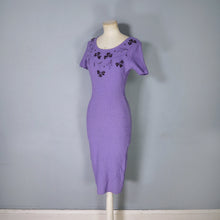 Load image into Gallery viewer, 50s SNYDERKNIT LAVENDER BOUCLE KNIT WIGGLE DRESS WITH BEADED NECKLINE - XS-S
