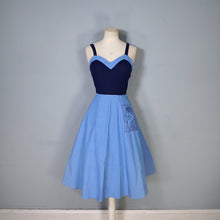 Load image into Gallery viewer, 70s STRAPPY BLUE ART DECO LADY NOVELTY POCKET DRESS - S