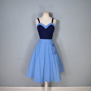 70s STRAPPY BLUE ART DECO LADY NOVELTY POCKET DRESS - S