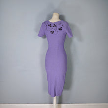 Load image into Gallery viewer, 50s SNYDERKNIT LAVENDER BOUCLE KNIT WIGGLE DRESS WITH BEADED NECKLINE - XS-S