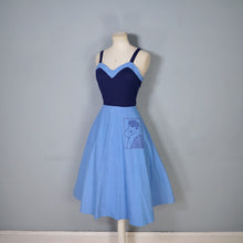 Load image into Gallery viewer, 70s STRAPPY BLUE ART DECO LADY NOVELTY POCKET DRESS - S