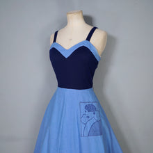 Load image into Gallery viewer, 70s STRAPPY BLUE ART DECO LADY NOVELTY POCKET DRESS - S