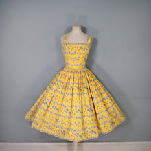 Load image into Gallery viewer, 50s BRIGHT YELLOW FLORAL SQUIGGLE PRINT FULL SKIRTED SUN DRESS - XS-S