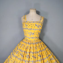 Load image into Gallery viewer, 50s BRIGHT YELLOW FLORAL SQUIGGLE PRINT FULL SKIRTED SUN DRESS - XS-S