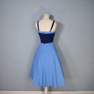 70s STRAPPY BLUE ART DECO LADY NOVELTY POCKET DRESS - S