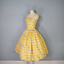 Load image into Gallery viewer, 50s BRIGHT YELLOW FLORAL SQUIGGLE PRINT FULL SKIRTED SUN DRESS - XS-S