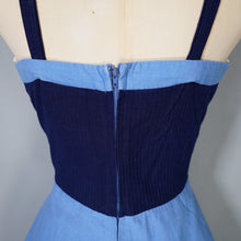 Load image into Gallery viewer, 70s STRAPPY BLUE ART DECO LADY NOVELTY POCKET DRESS - S