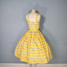 Load image into Gallery viewer, 50s BRIGHT YELLOW FLORAL SQUIGGLE PRINT FULL SKIRTED SUN DRESS - XS-S