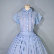 Load image into Gallery viewer, 50s SEMI SHEER BLUE FULL SKIRTED SHIRT WAIST DAY DRESS - M