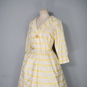 60s RHONA ROY YELLOW WOVEN STRIPE COTTON SHIRT DRESS - S-M
