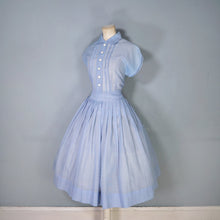 Load image into Gallery viewer, 50s SEMI SHEER BLUE FULL SKIRTED SHIRT WAIST DAY DRESS - M