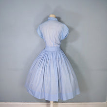 Load image into Gallery viewer, 50s SEMI SHEER BLUE FULL SKIRTED SHIRT WAIST DAY DRESS - M