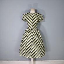 Load image into Gallery viewer, 60s SHARP GREEN AND BLACK CHEVRON STRIPE PUFF SLEEVE DAY DRESS - S