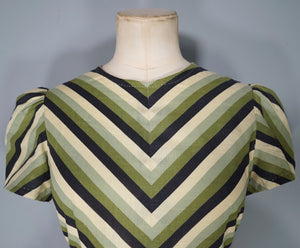 60s SHARP GREEN AND BLACK CHEVRON STRIPE PUFF SLEEVE DAY DRESS - S
